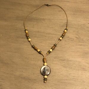 Vintage Brown Tan and Gray Beaded Necklace With Round Stone Like Pendant
